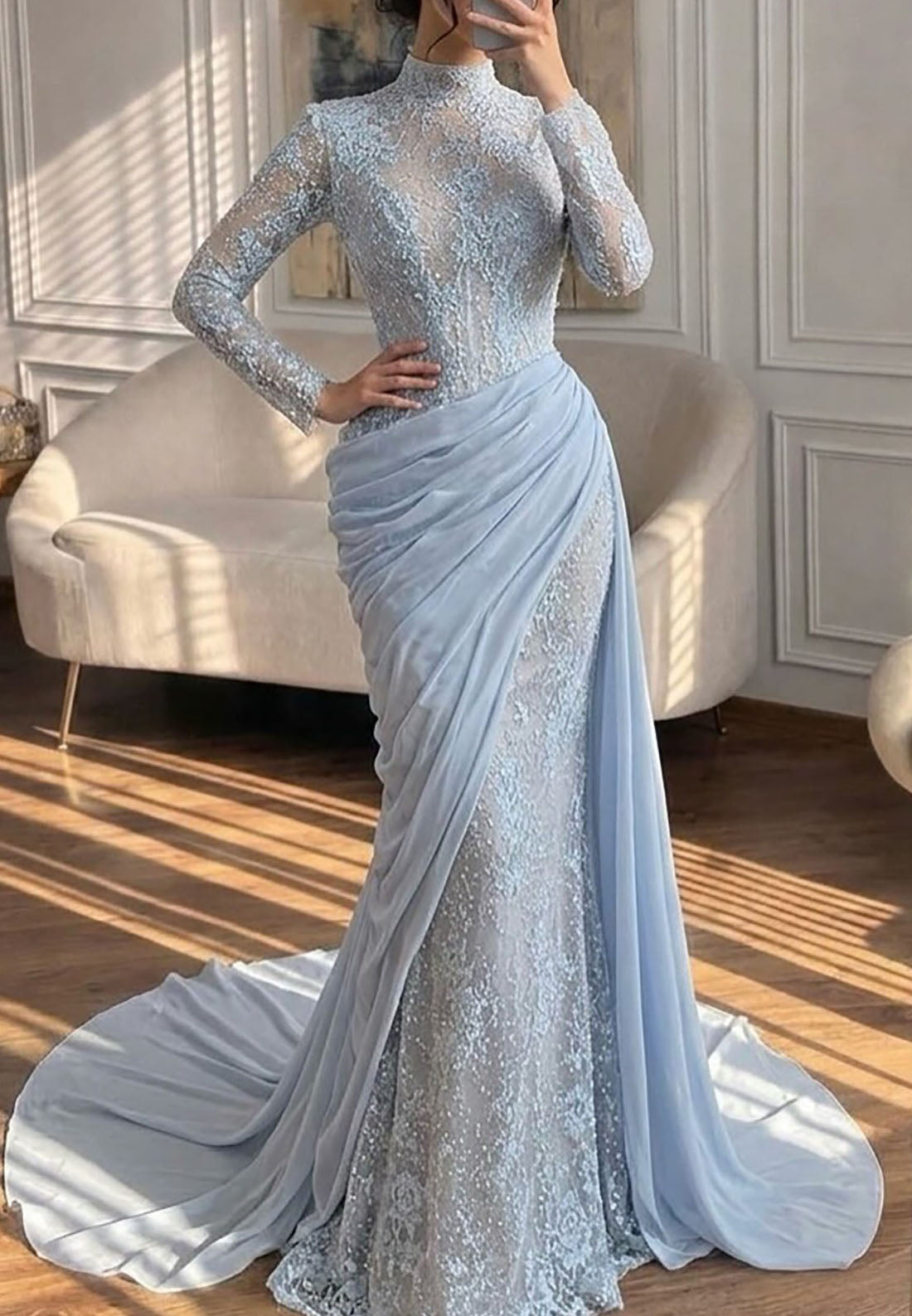 High Neck Lace Gown with Asymmetrical Draped Train