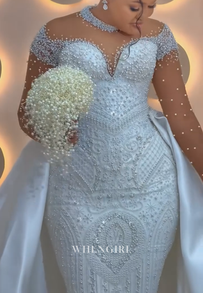 Pearl Beaded Mermaid Wedding Dress with Detachable Train