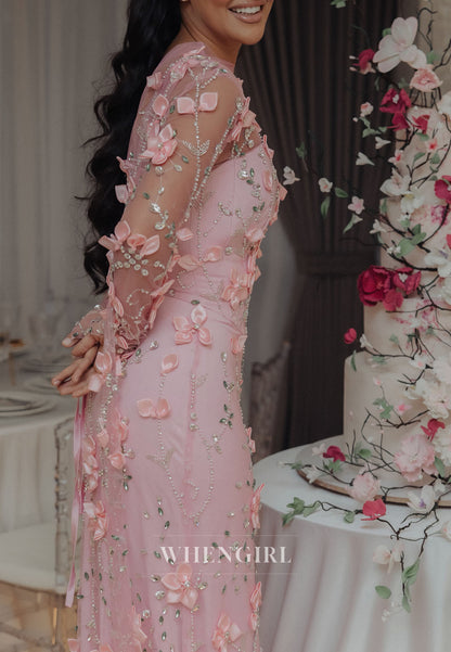 3D Floral Applique Illusion Mermaid Evening Gown