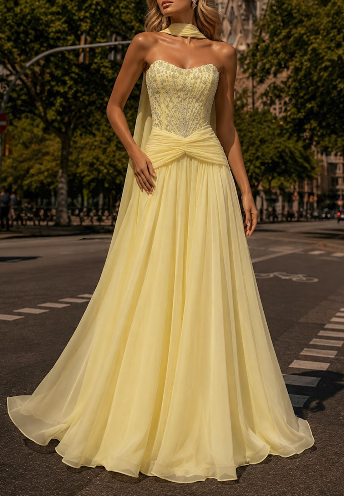 Embellished Corset Chiffon Gown with Scarf