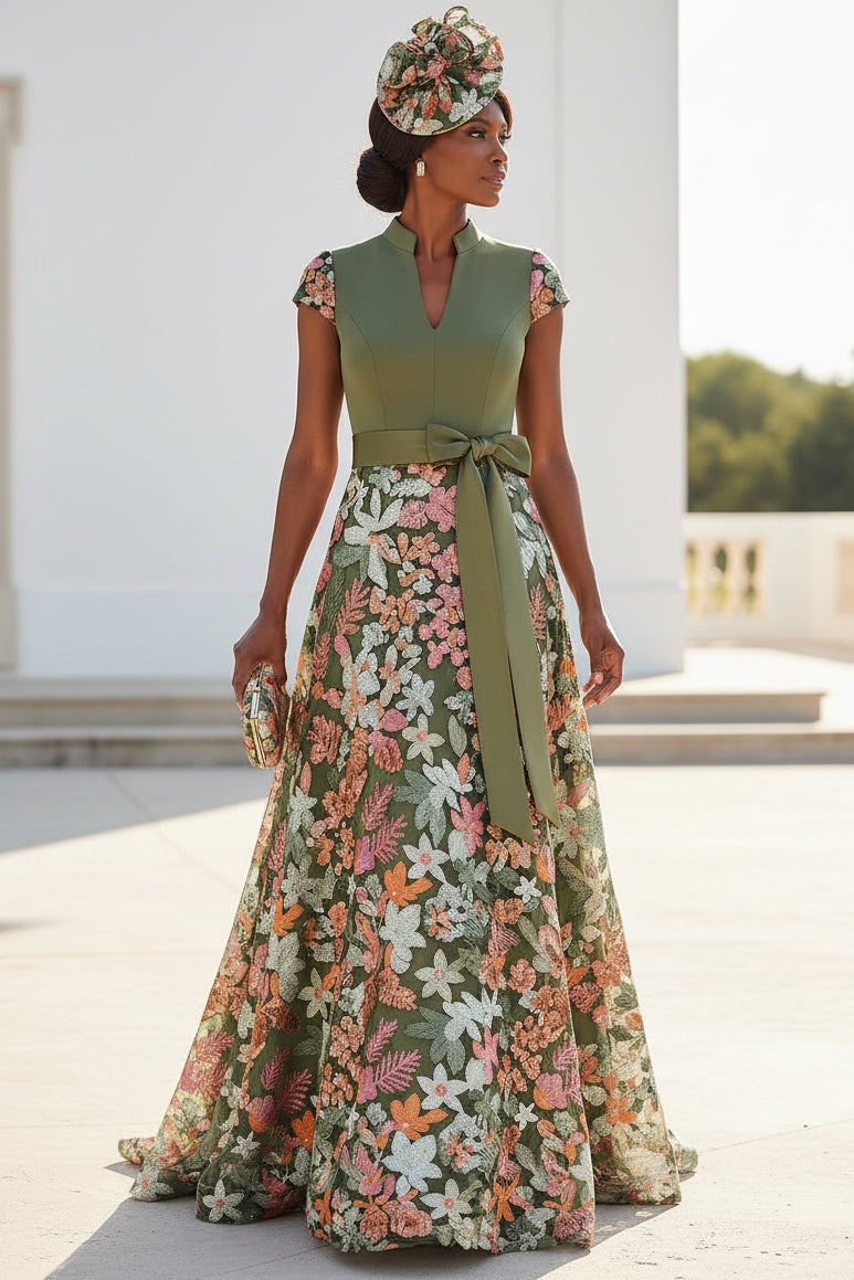 Floral Embroidered A-Line Evening Gown with Sash