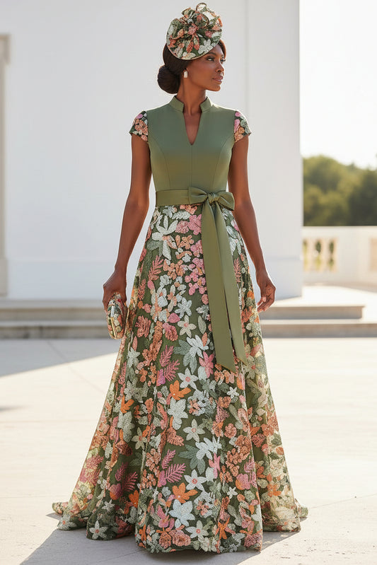 Floral Embroidered A-Line Evening Gown with Sash