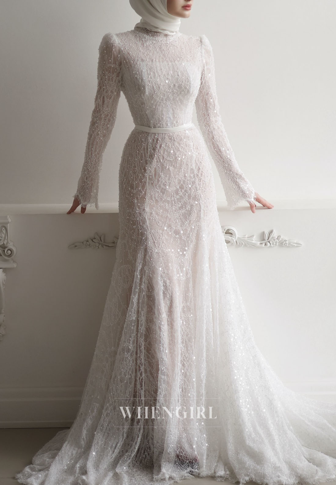 High Neck Sequin Lace Wedding Dress with Sleeves