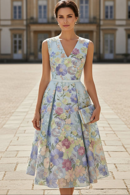Floral Embroidered V-Neck A-Line Midi Dress