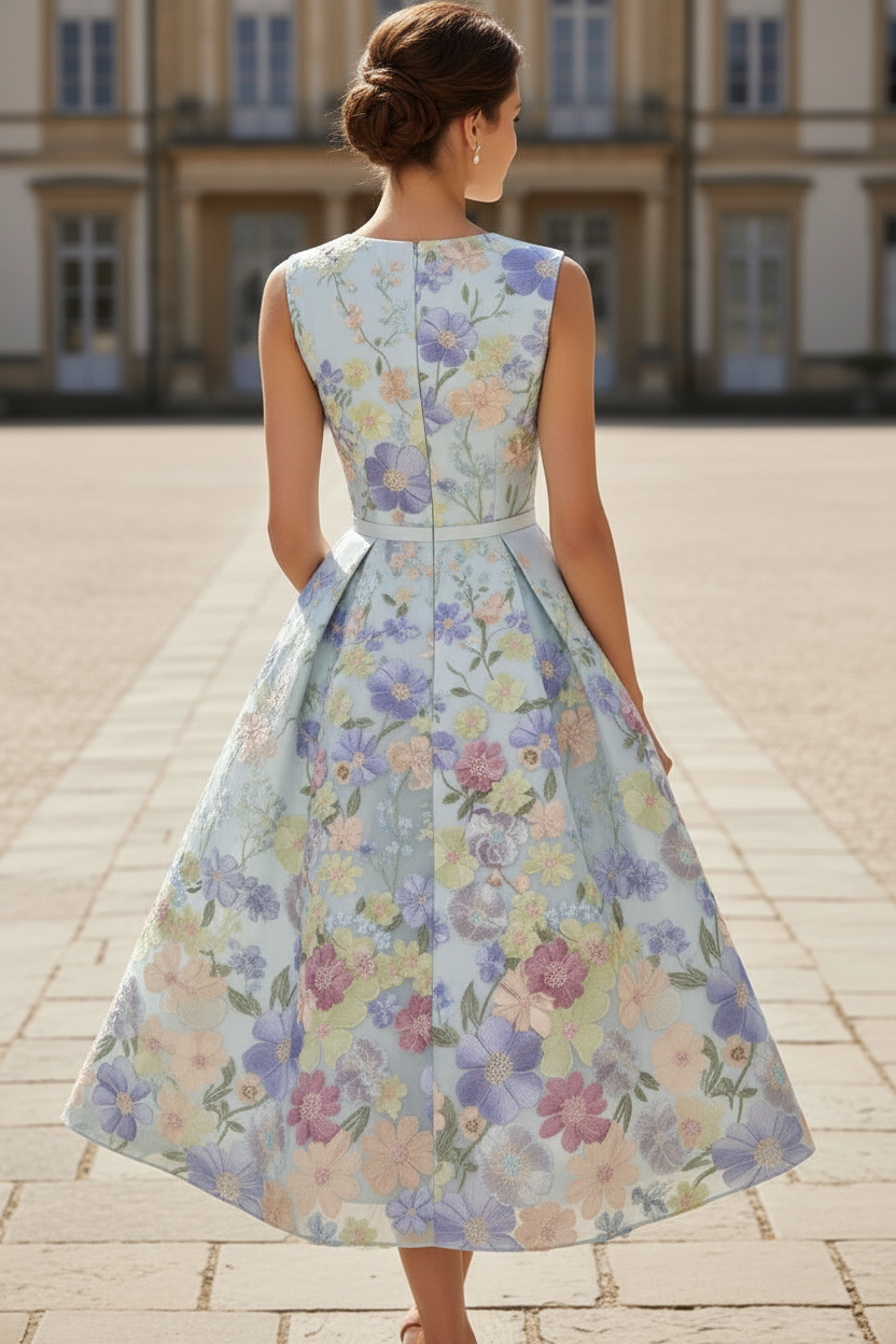 Floral Embroidered V-Neck A-Line Midi Dress