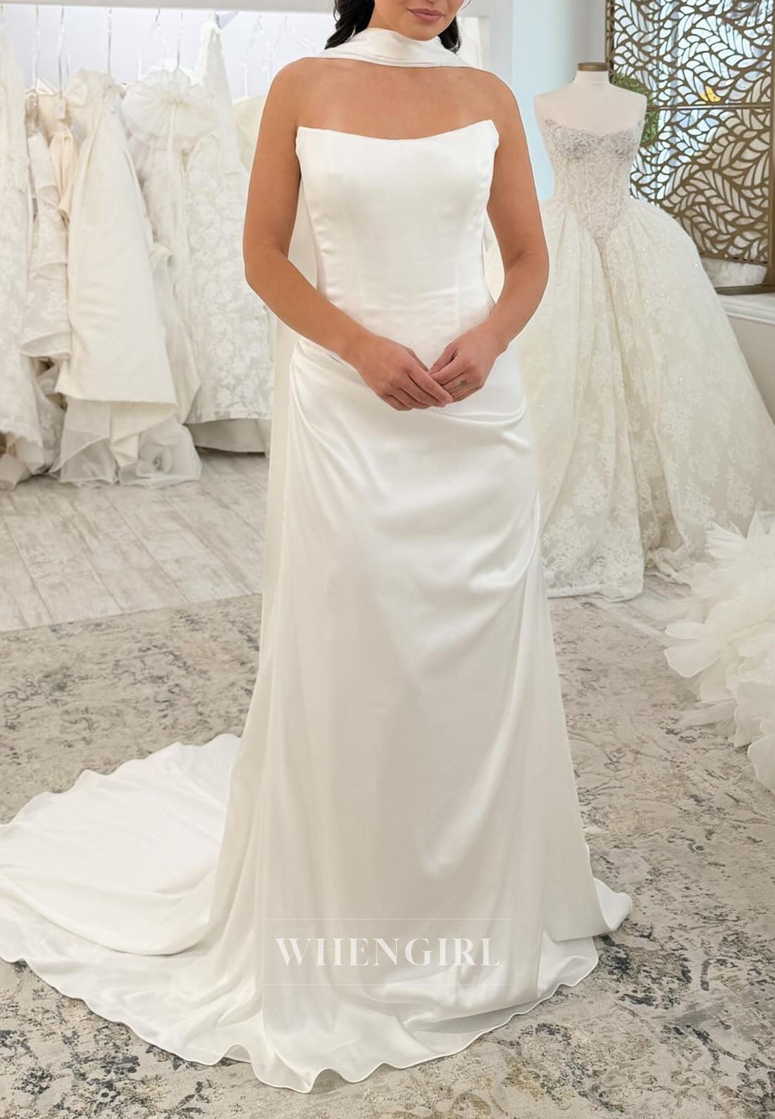 Strapless Satin Wedding Dress with Neck Scarf