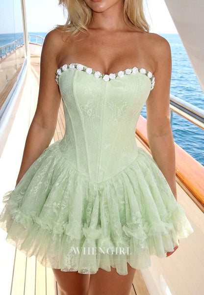 Strapless Lace Corset Mini Dress with 3D Flowers