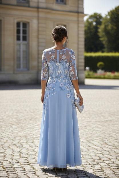 Floral Embroidered Illusion Sleeve A-Line Evening Gown