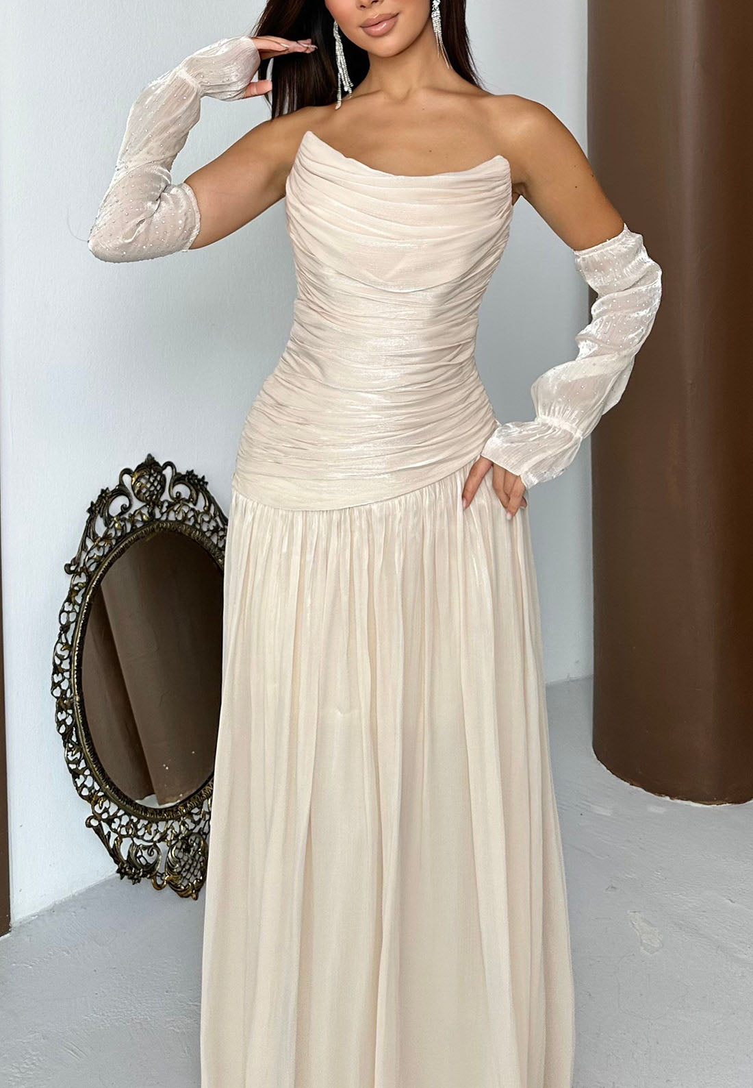 Ruched Strapless Maxi Gown with Sleeves