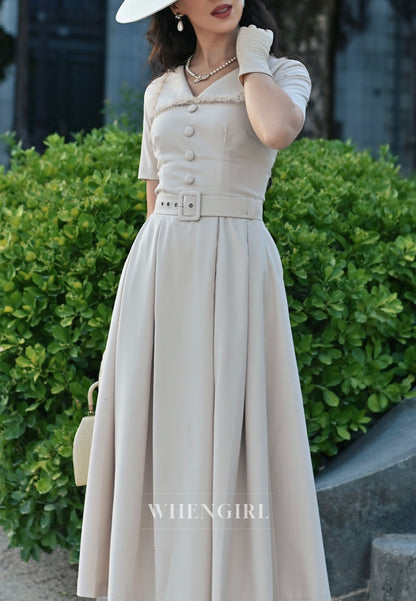 Collared Midi Dress with Pleated Skirt and Belt