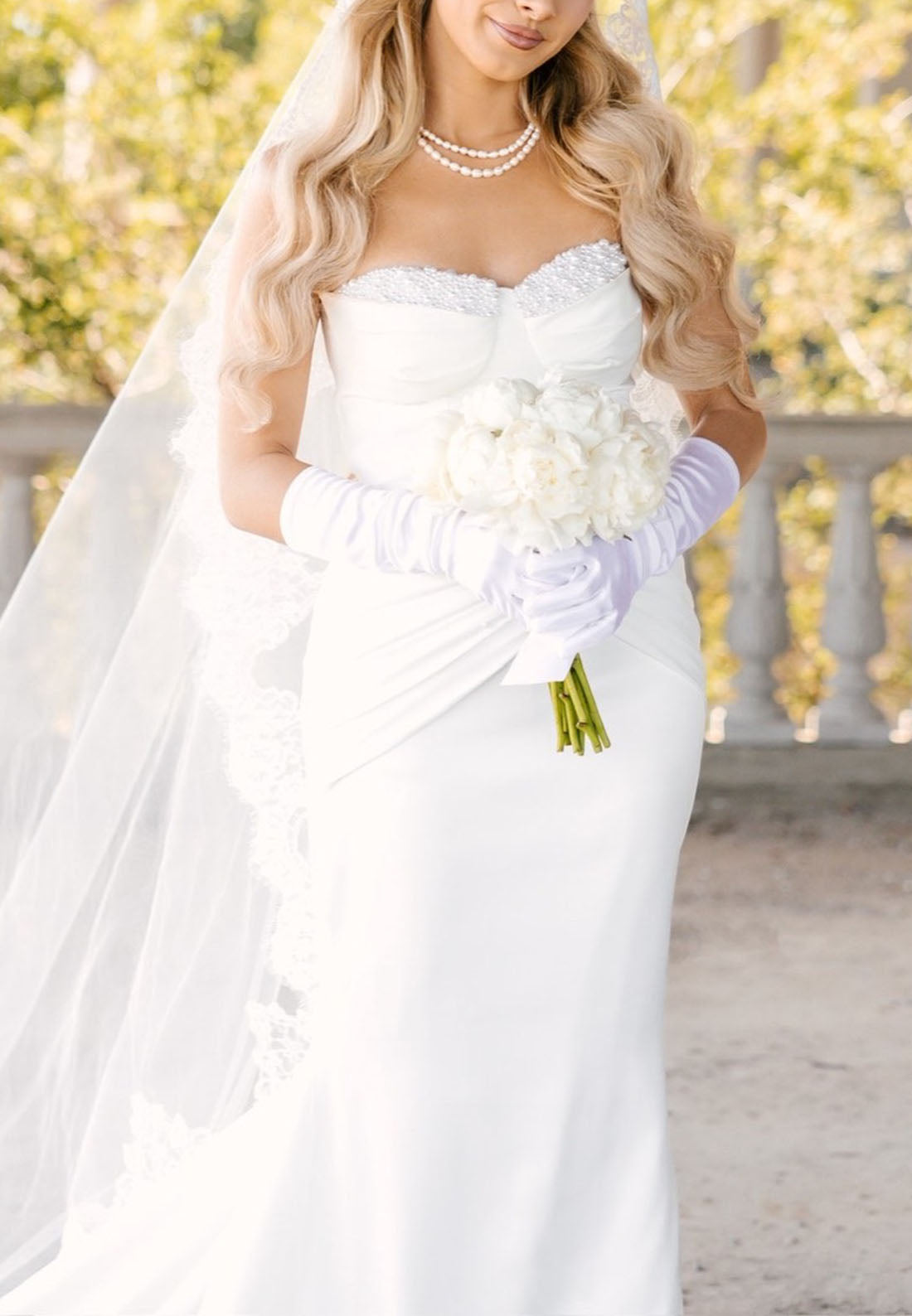 Strapless Ruched Mermaid Wedding Dress with Pearls