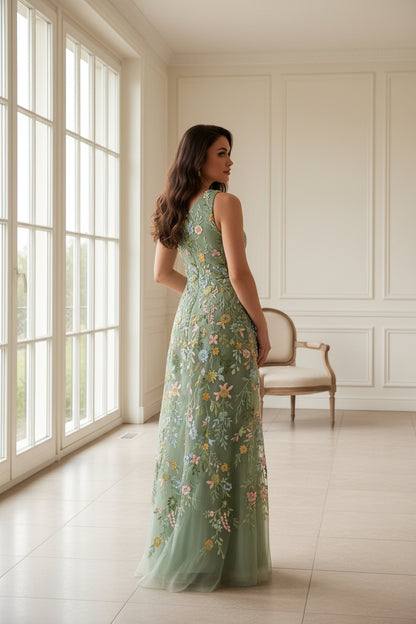One-Shoulder Floral Embroidered Maxi Dress
