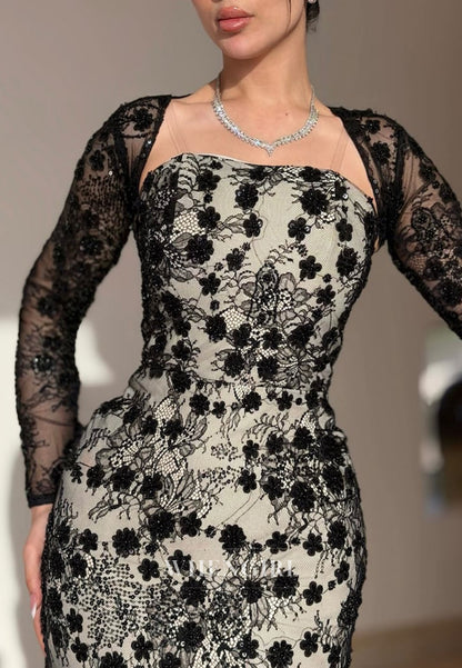 Floral Lace Long Sleeve Evening Gown with Train