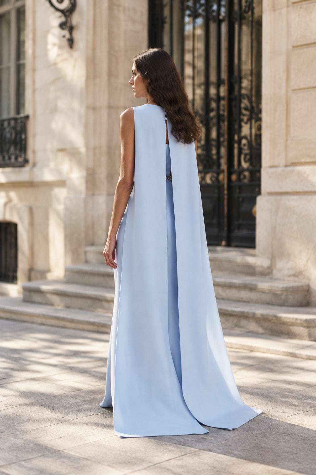Sleeveless Cape Evening Gown with Beaded Waist