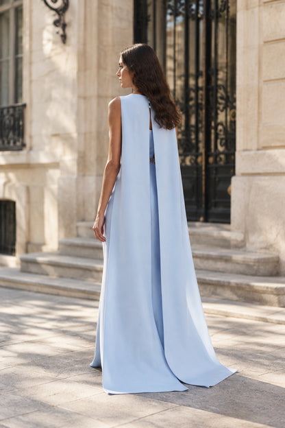 Sleeveless Cape Evening Gown with Beaded Waist