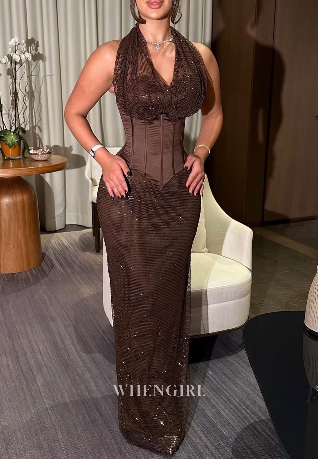Halter Corset Maxi Dress with Shimmer Overlay