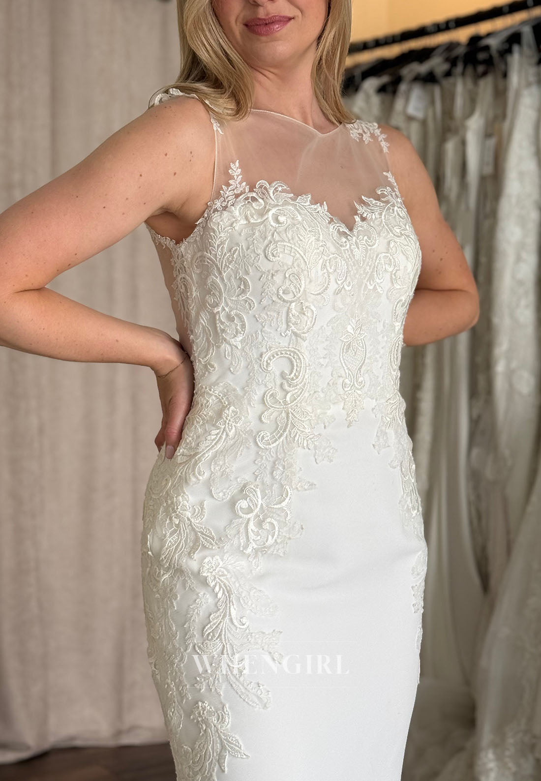 Lace Applique Illusion Mermaid Wedding Dress