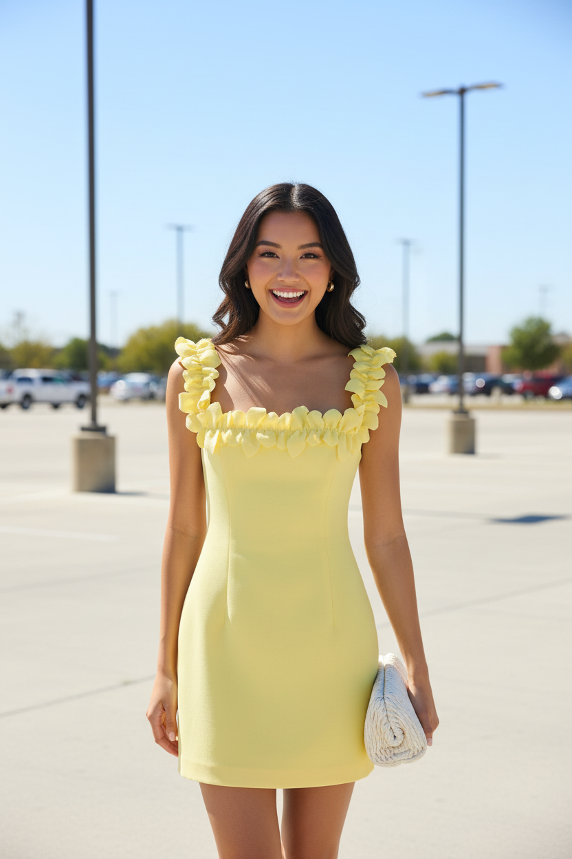 3D Floral Applique Square Neck Mini Dress