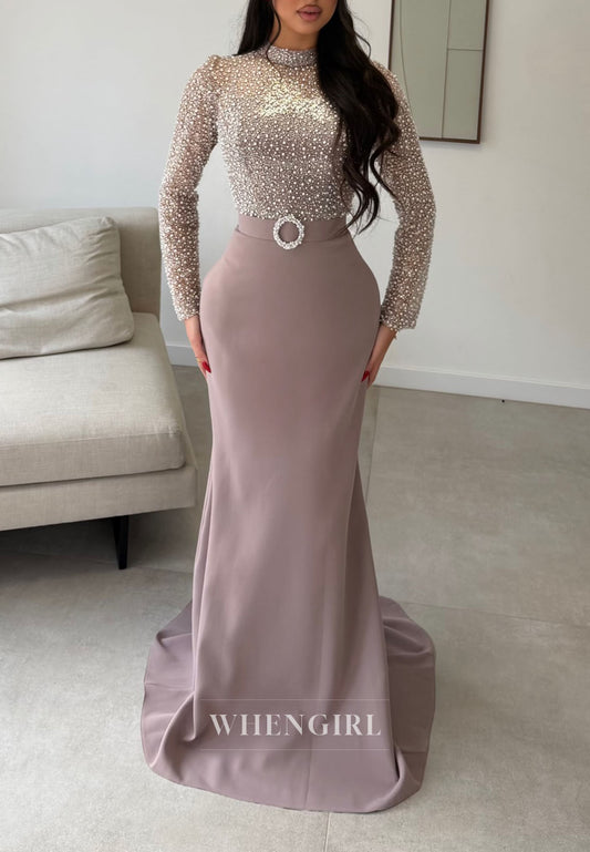 High Neck Pearl Embellished Long Sleeve Mermaid Gown