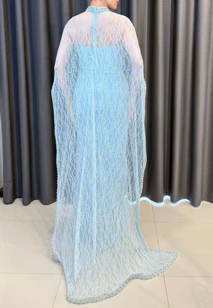 Lace Column Gown with Beaded High Neck Cape