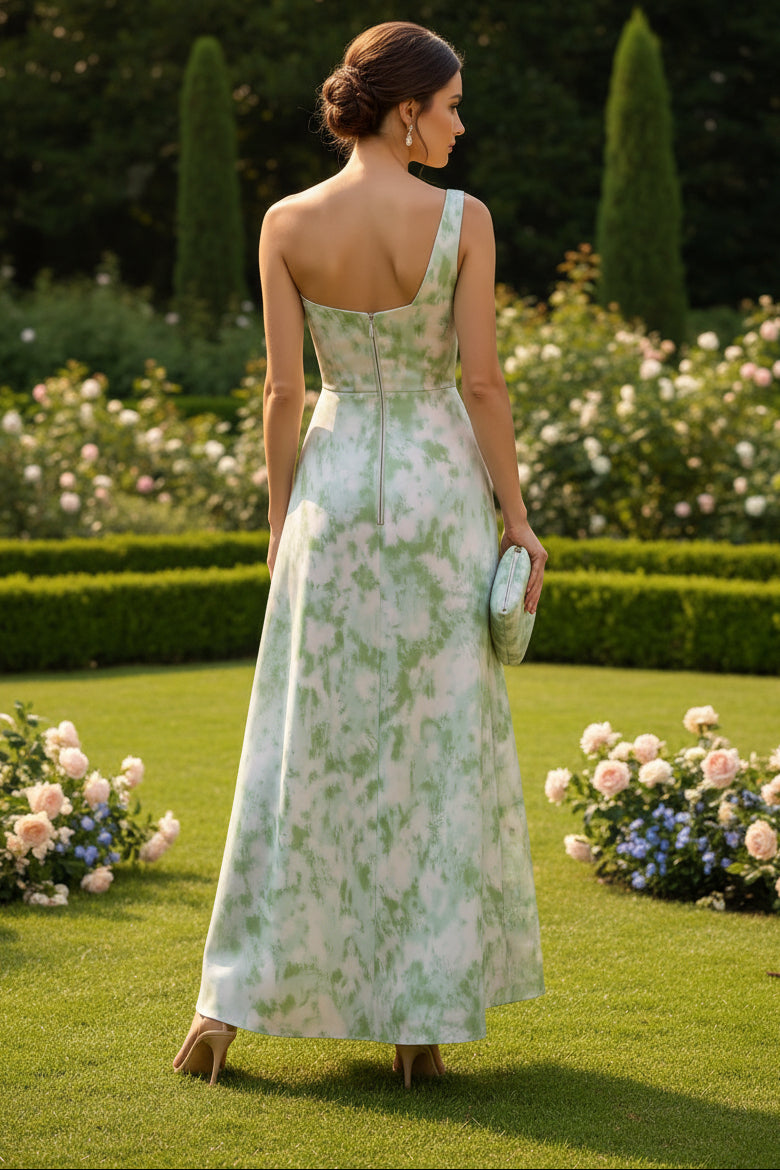 One-Shoulder High-Low Draped Evening Gown