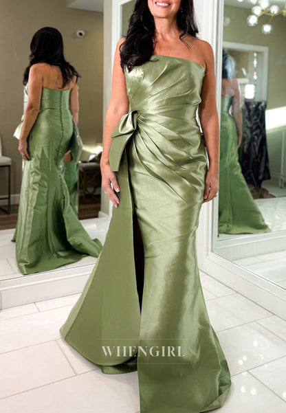 Strapless Pleated Satin Gown with Side Bow & Slit