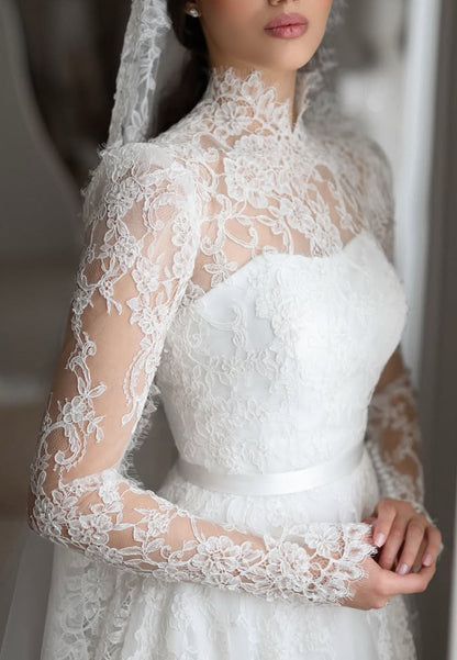 High-Neck Lace Long-Sleeve A-Line Wedding Dress