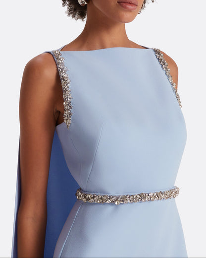 Sleeveless Cape Evening Gown with Beaded Waist