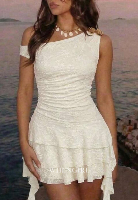 One Shoulder Lace Tiered Ruffle Mini Dress