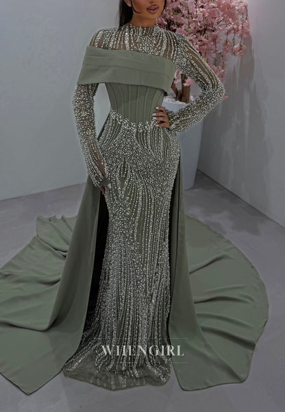 Beaded Illusion Gown with Corset & Overskirt