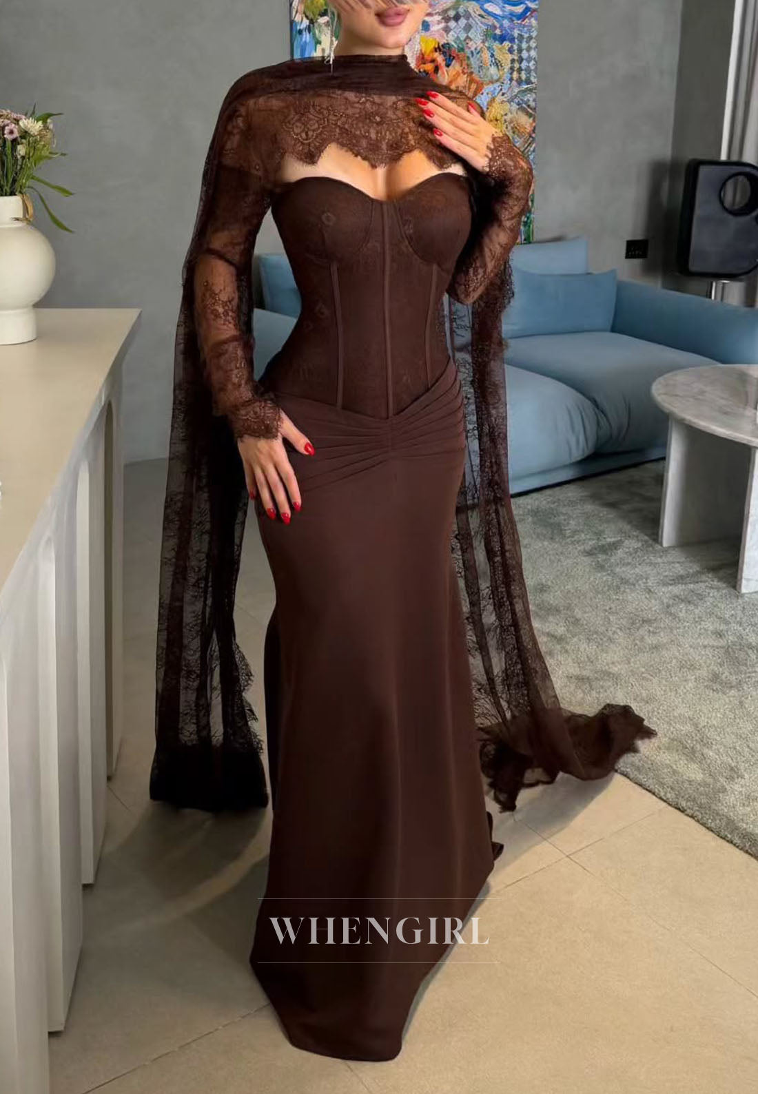 Corset Evening Gown with Lace Cape Sleeves
