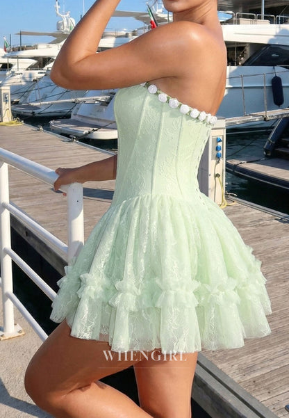 Strapless Lace Corset Mini Dress with 3D Flowers