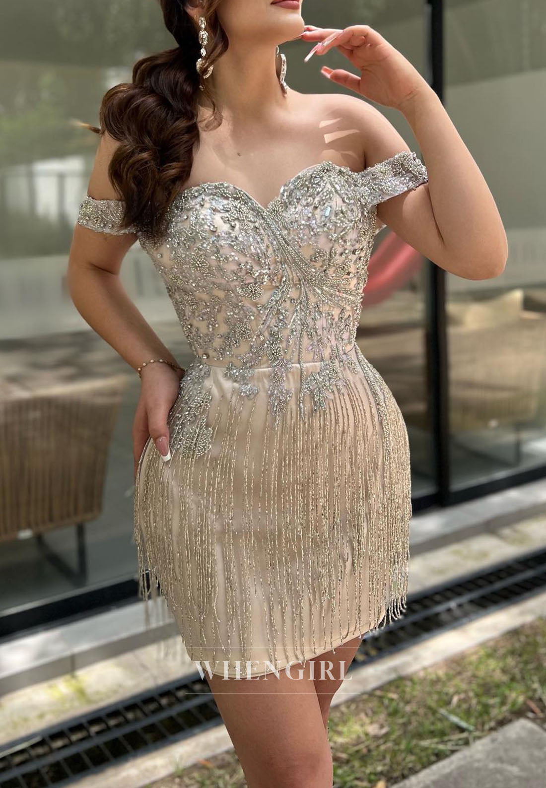 Beaded Off-the-Shoulder Fringe Mini Dress
