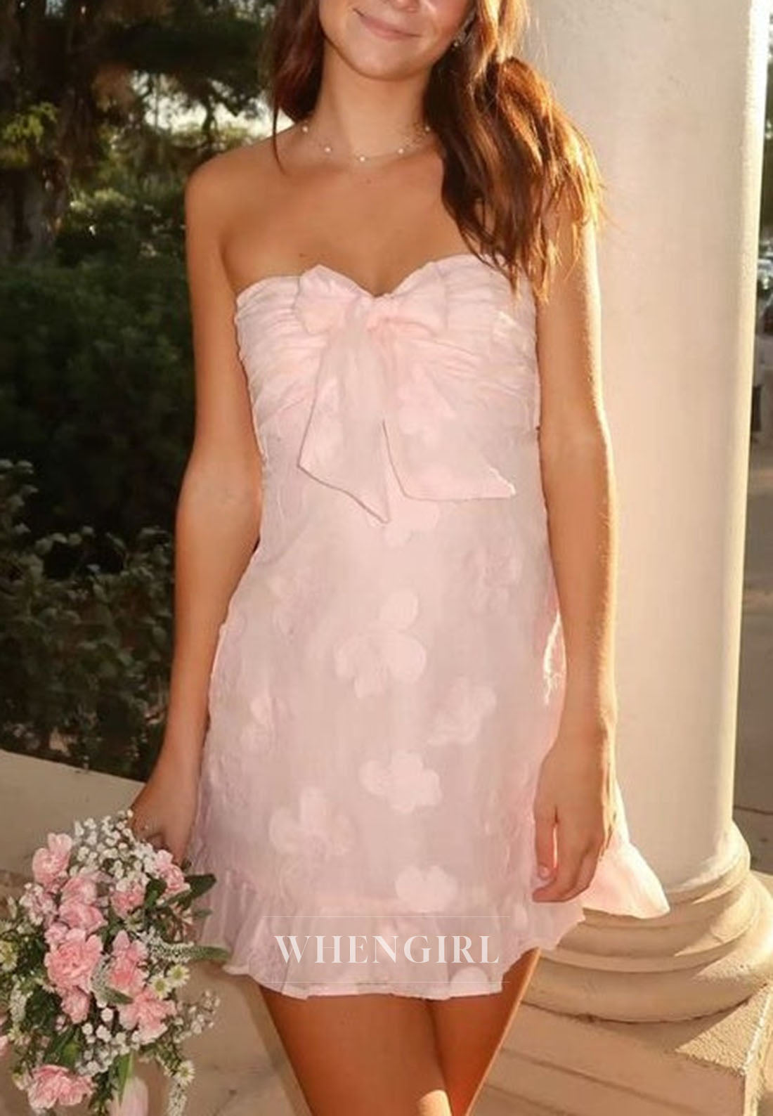 Strapless Floral Bow Mini Dress with Ruffle Hem