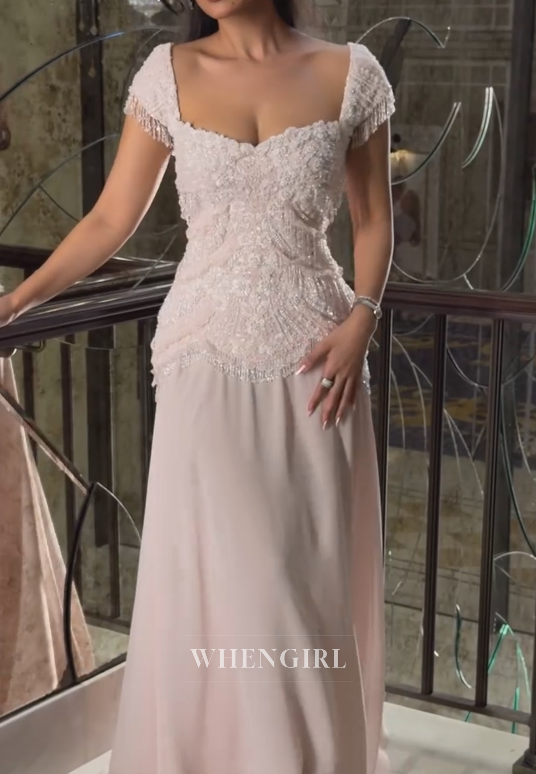 Beaded Drop-Waist Gown with Beaded Fringe Cap Sleeves