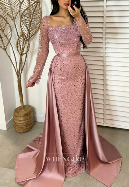 Pearl Beaded Mesh Long Sleeve Gown with Overskirt
