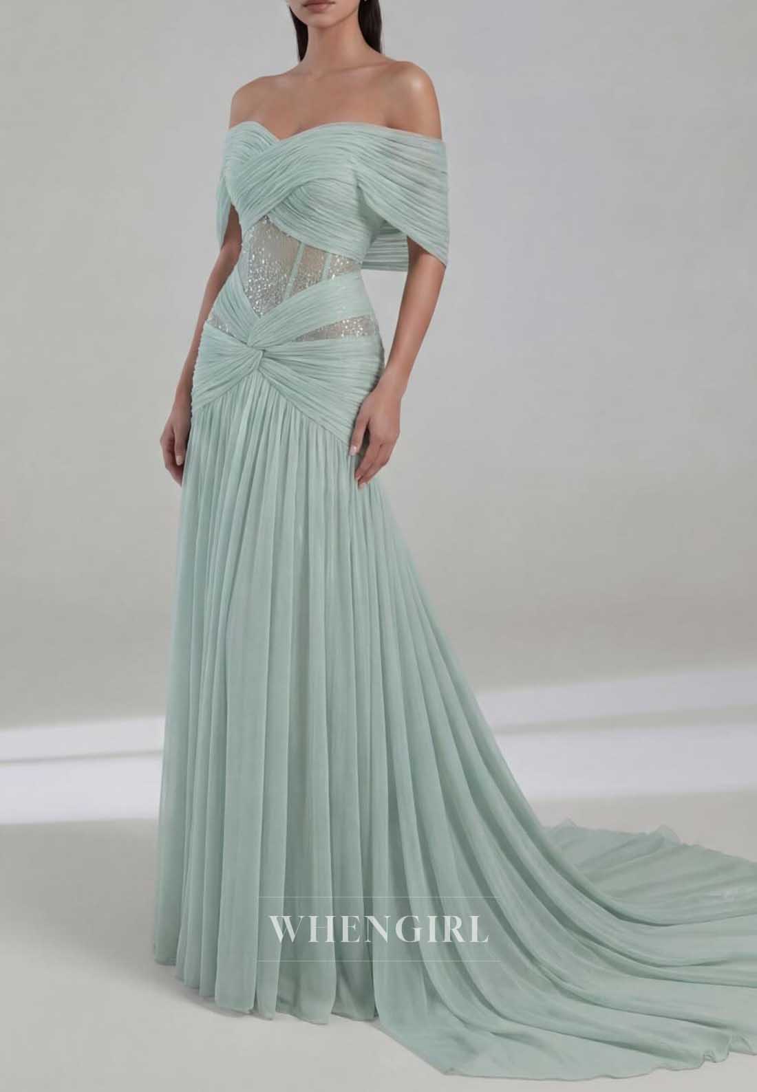 Off-Shoulder Pleated Tulle Corset Evening Gown