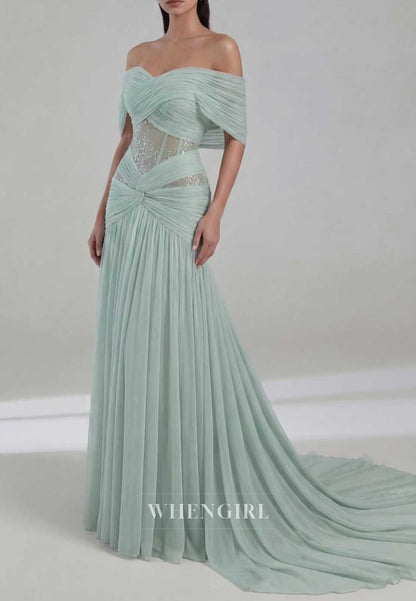 Off-Shoulder Pleated Tulle Corset Evening Gown