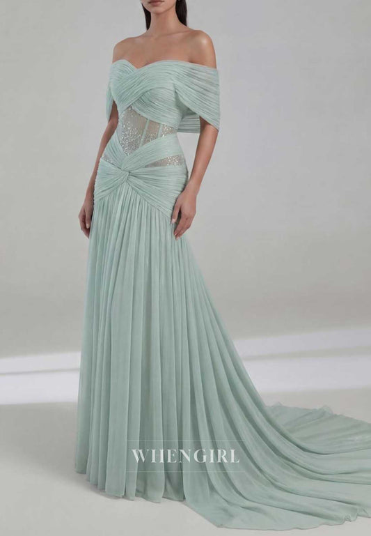 Off-Shoulder Pleated Tulle Corset Evening Gown