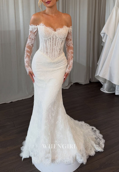 Off-the-Shoulder Lace Corset Long Sleeve Wedding Dress