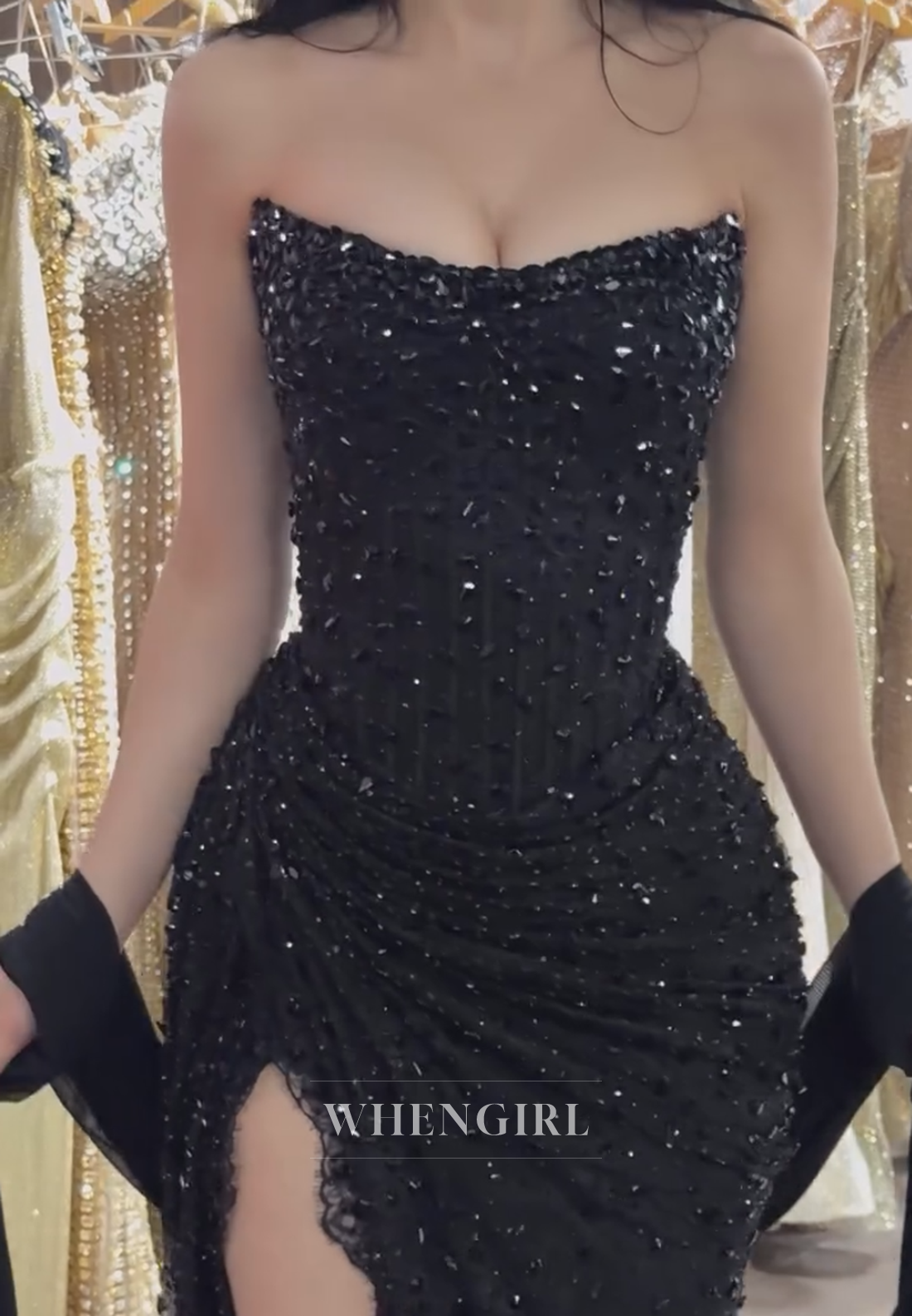 Strapless Beaded Corset Gown with High Slit