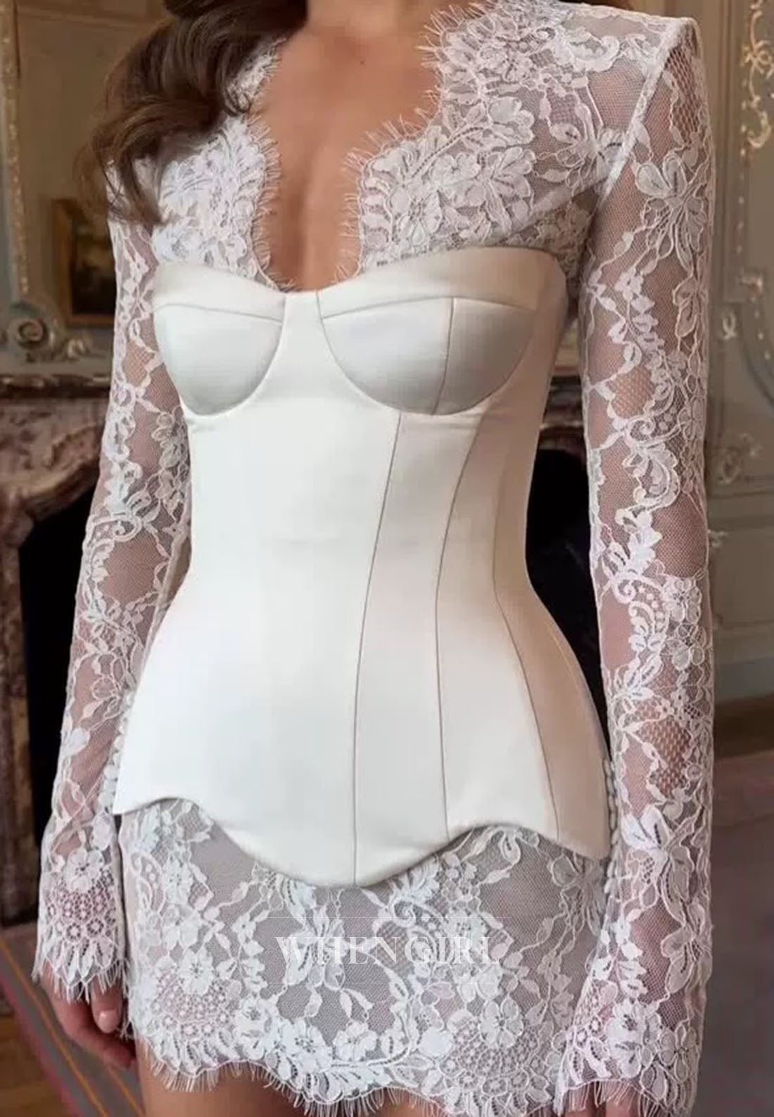 Lace Long Sleeve Mini Dress with Satin Corset