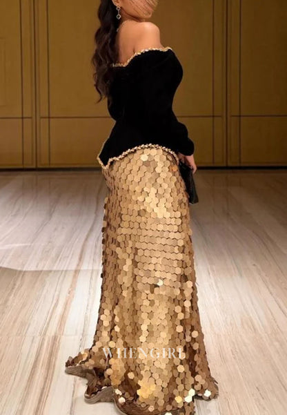 Off-the-Shoulder Peplum Sequin Mermaid Gown
