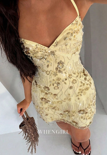 Crisscross Open Back Sequin Sweetheart Mini Dress