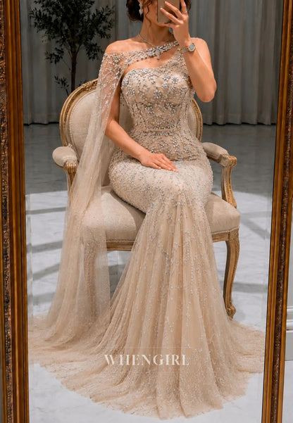 Asymmetrical Beaded Mermaid Evening Gown with Cape