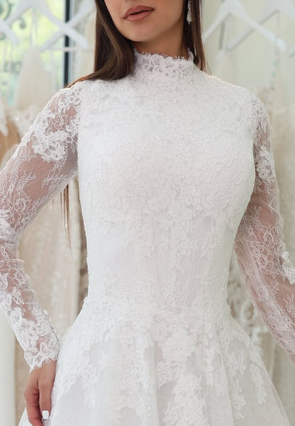 High Neck Lace Long Sleeve Ball Gown Wedding Dress