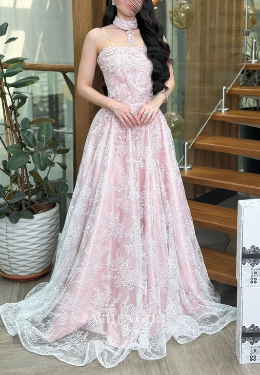 Lace A-Line Evening Gown with Choker Neckpiece