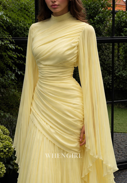 High Neck Pleated Gown with Cape Sleeves