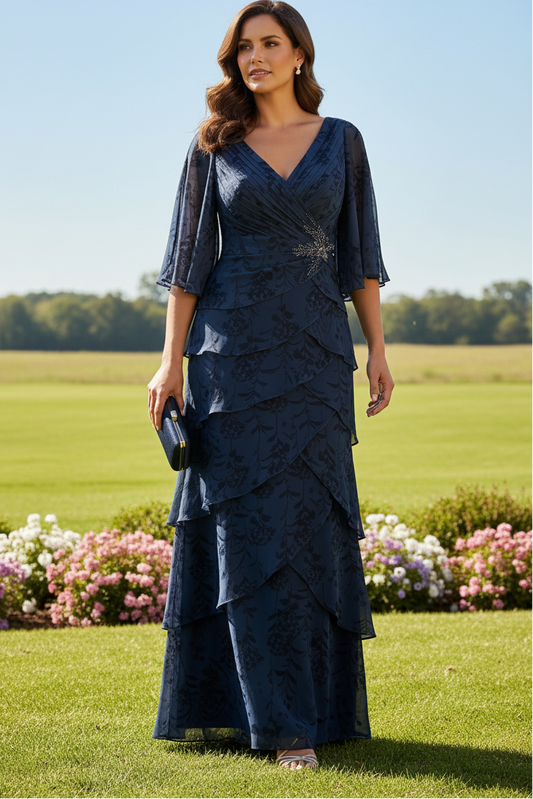 Floral Tiered Chiffon Evening Dress