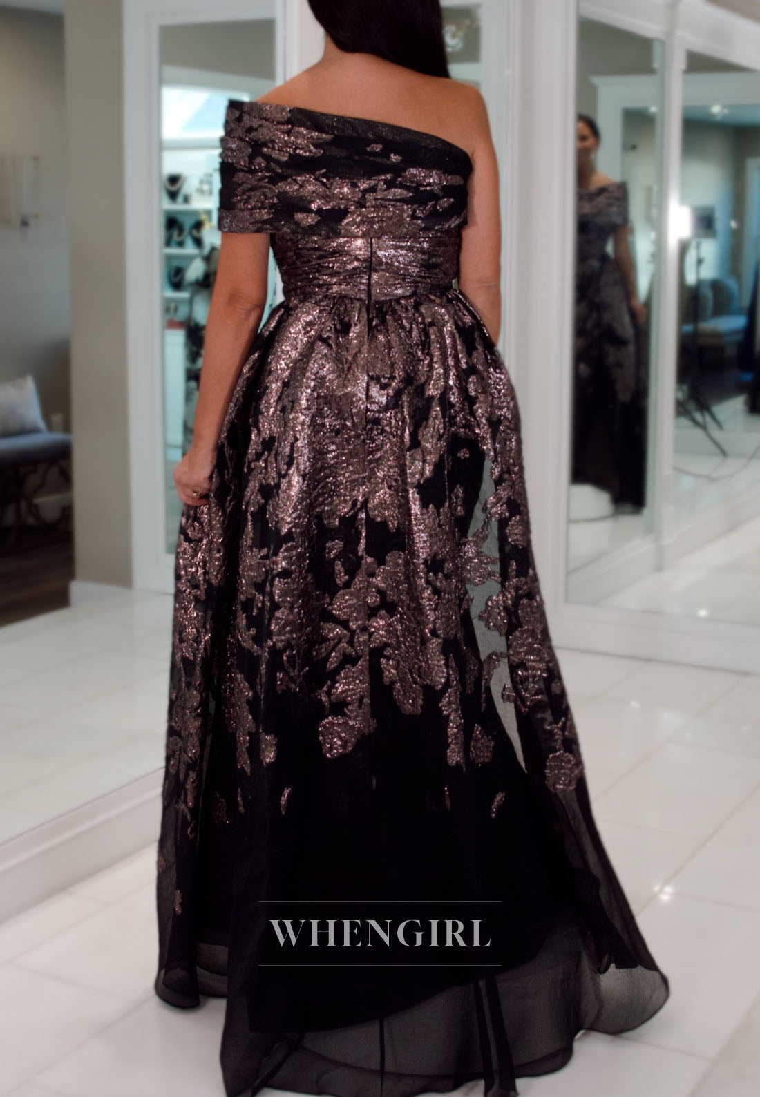 One-Shoulder Metallic Jacquard Evening Gown